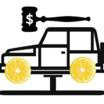 Lemon law concept - Lemon wheels on car with gavel on top