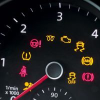 Many different car dashboard lights with warning lamps illuminated. Light symbol that pops up on dashboard when something goes wrong with the engine.