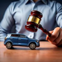 Gavel striking a toy car, depicting legal issues related to automobiles.